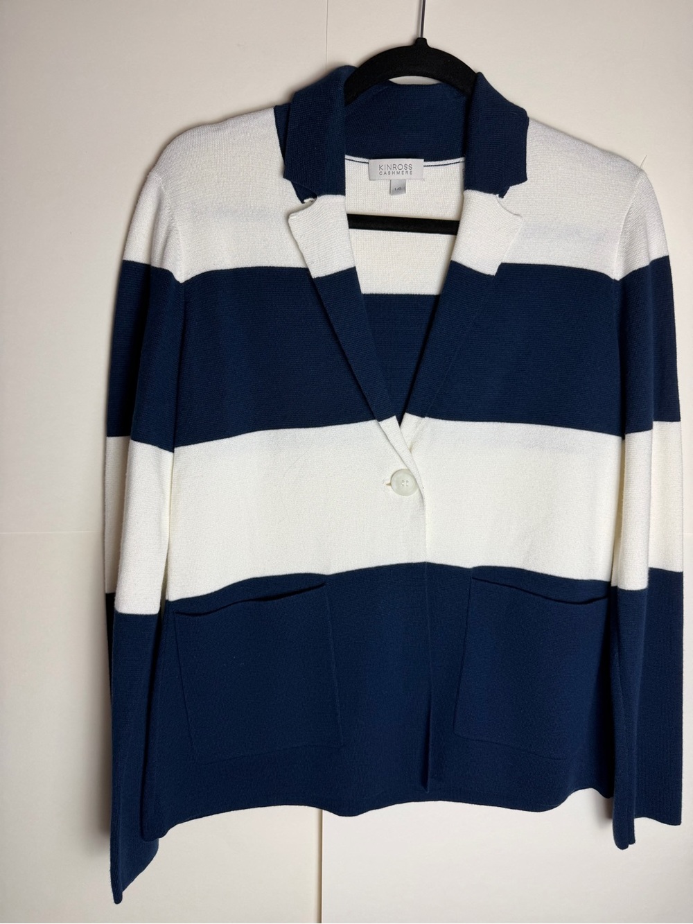 Kinross Cotton Cashmere Blend Navy White Striped Knit Blazer Cardigan Large